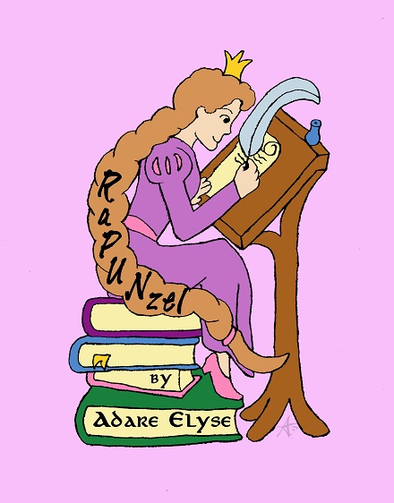 RaPUNzel at writing desk sitting on stack of books