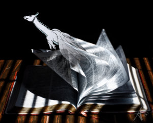 dragon coming out of book