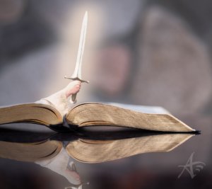 sword coming out of book