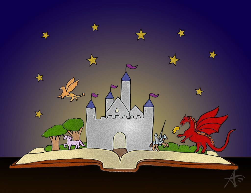 fantasy book with castle dragon griffin and unicorn