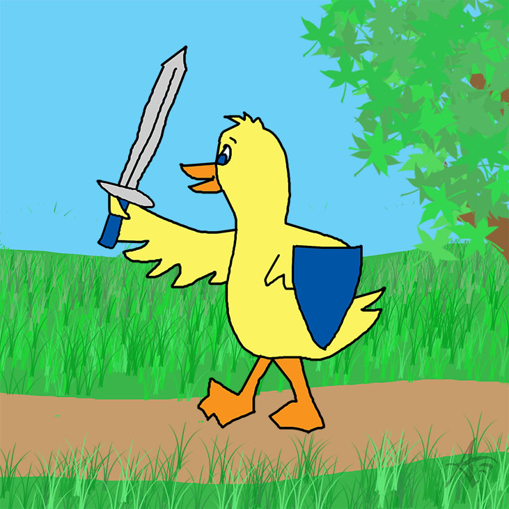 Duck hero with sword and shield cartoon