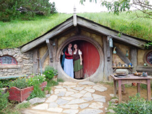 life size hobbit hole red door Hobbiton