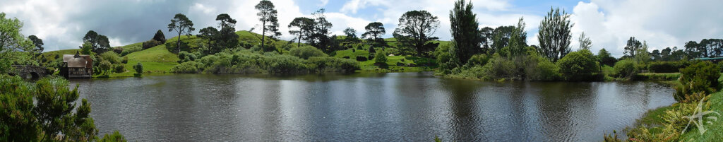 Panorama scenic view of Hobbiton lake