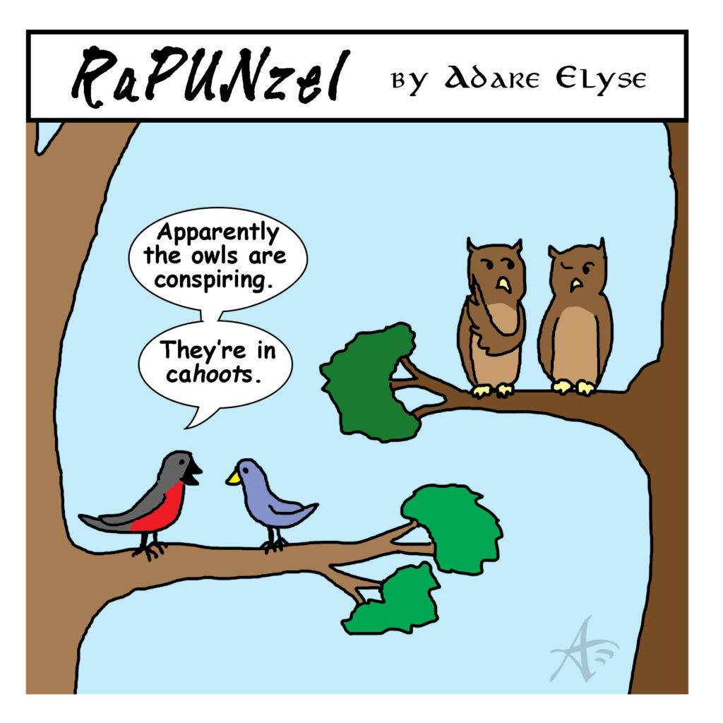 It's a conspiracy Owls joke in Cahoots pun comic