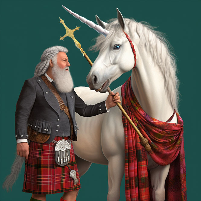 Scotsman and unicorn wearing a tartan with a cross